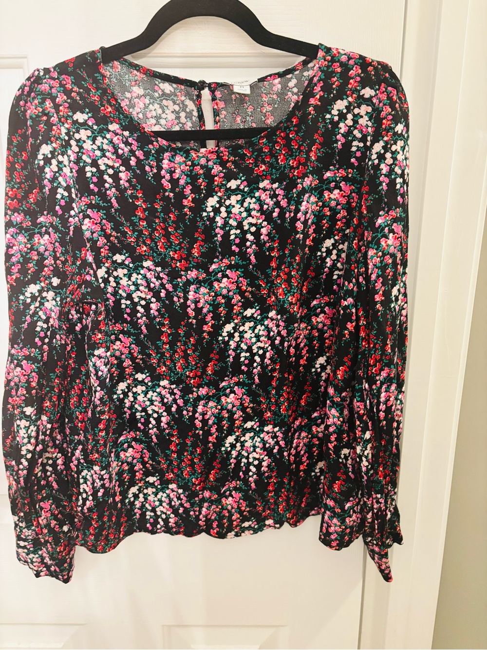 J. Crew Black Long-Sleeve Floral Peasant Top